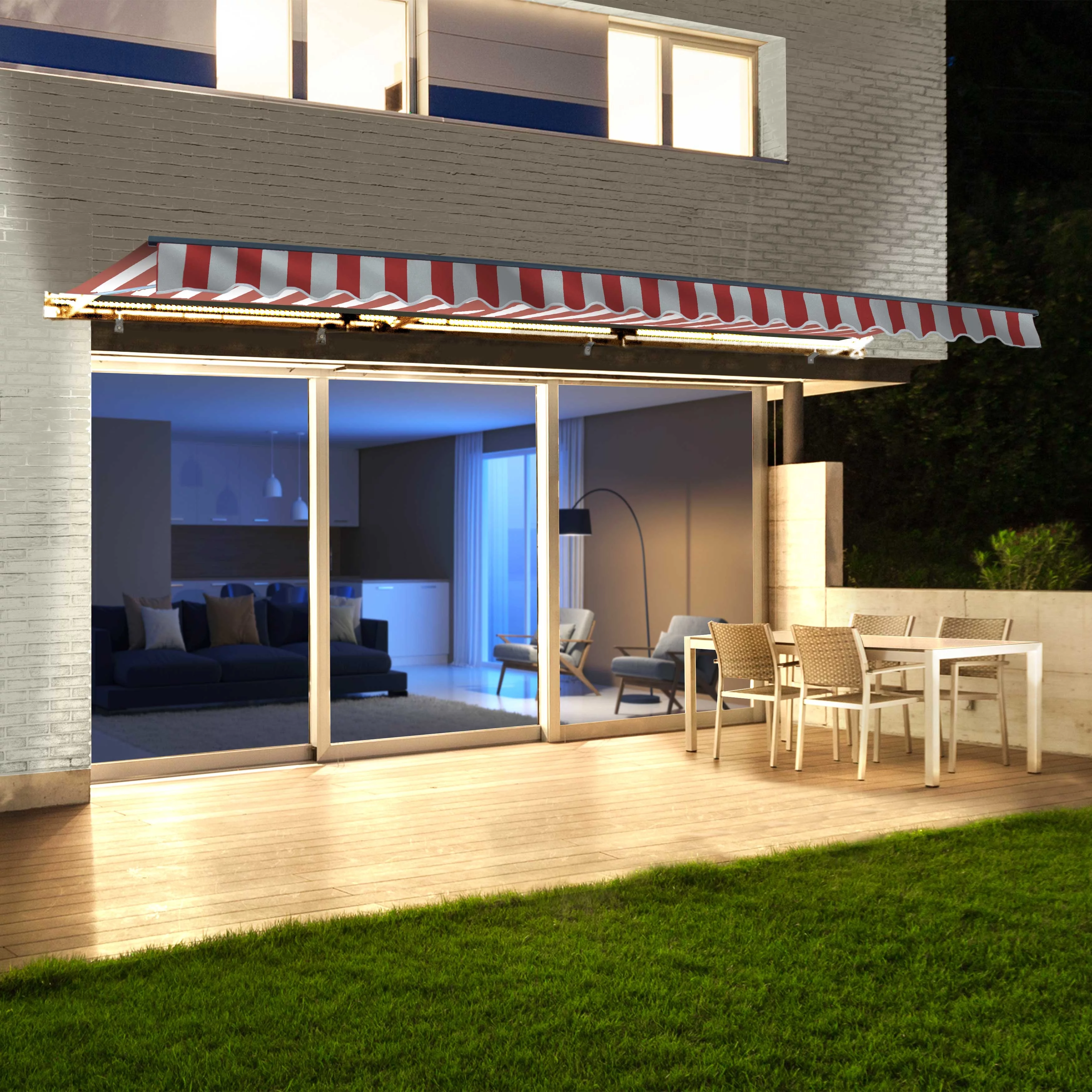 ALEKO 12' x 10' Red and White LED Half Cassette Motorized Retractable Patio Awning with Remote Control