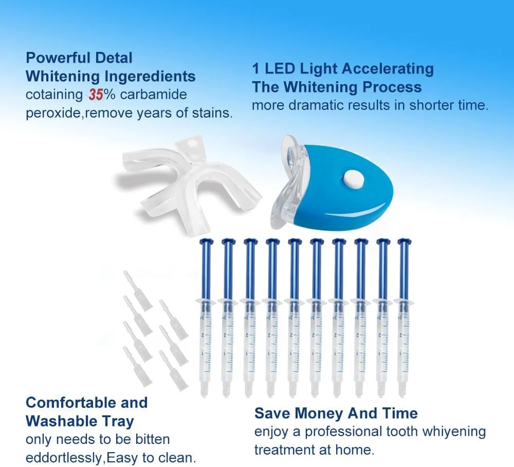 forwillsky 10pcs Teeth Whitening Gels Kit 35% Carbamide Peroxide Bleaching Gel 3ml 0.1oz Refill Gel with Teeth Whitener Lamp Blue LED Light and Teeth Whitening Trays