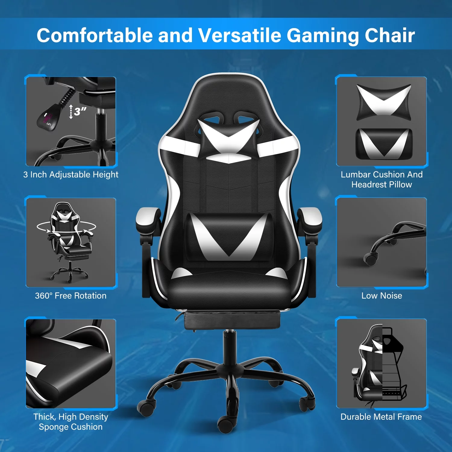 Huracan Racing Video Backrest and Seat Height Recliner Gaming Office High Back Computer Ergonomic Adjustable Swivel Chair, With footrest, Black/White