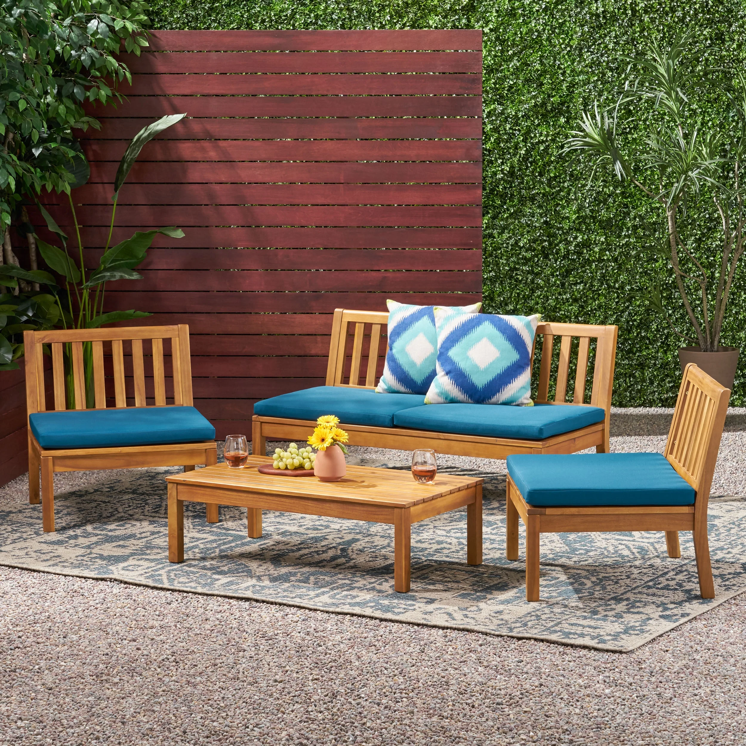 GDF Studio Arth Outdoor Acacia Wood Chat Set with Coffee Table, Teak and Dark Teal