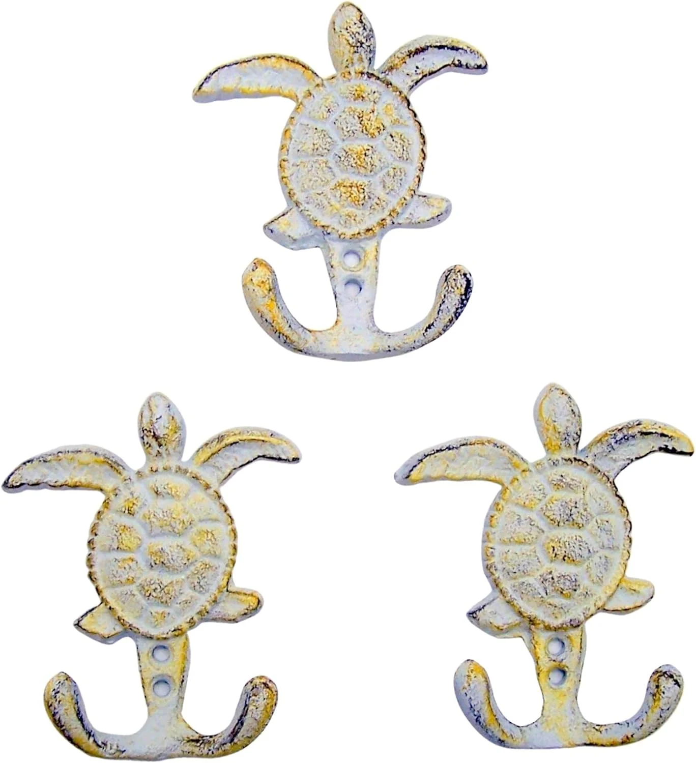 Distressed White & Yellow Cast Iron Sea Turtle Wall Hooks, Set of 3, 4.75 Inches