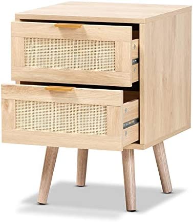 Mid-Century Modern Light Oak Brown Finished Wood and Rattan 2-Drawer Nightstand
