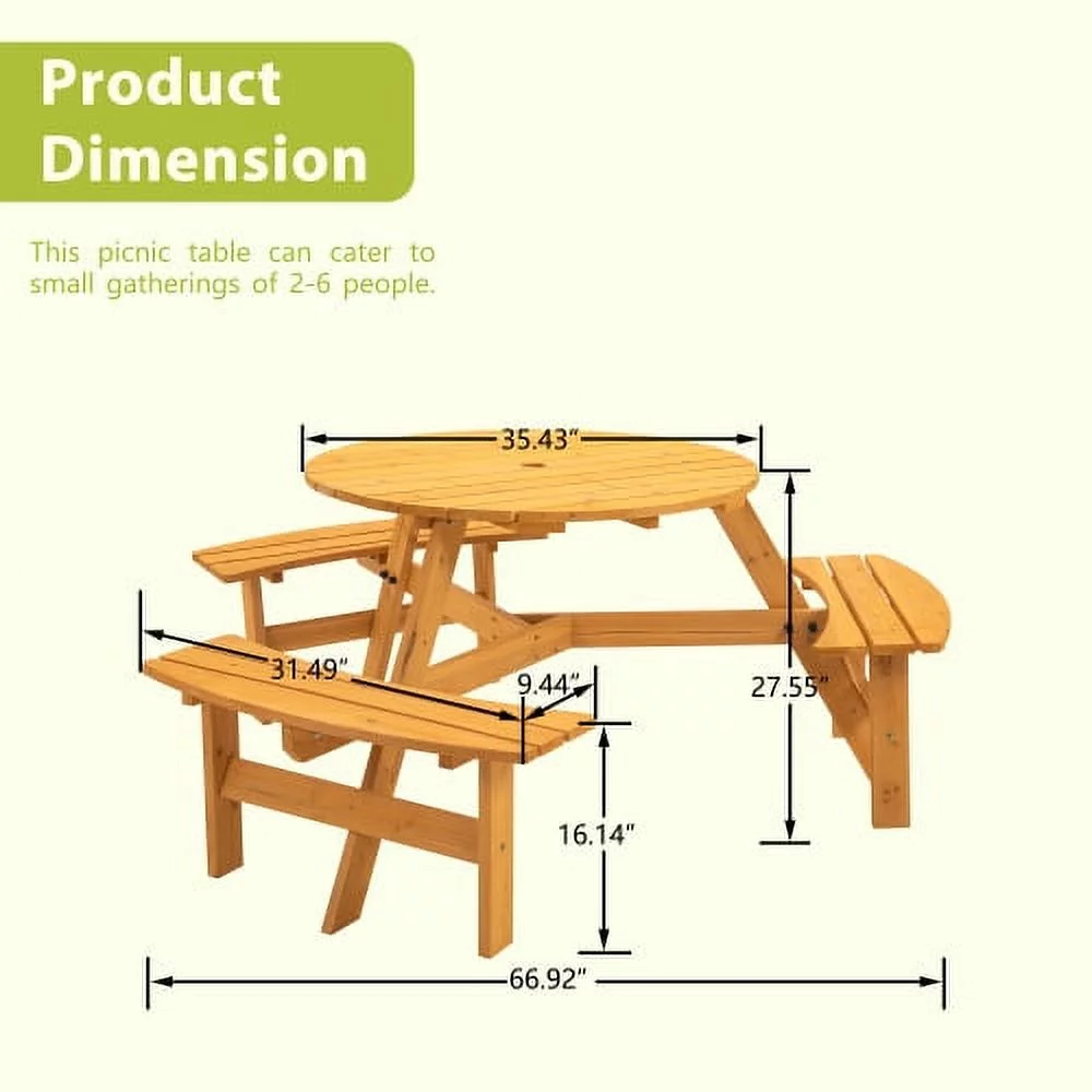6-Person Circular Outdoor Wooden Picnic Table for Patio, Backyard, Garden, DIY w/ 3 Built-in Benches, 1720lb Capacity - Natural&nbsp;