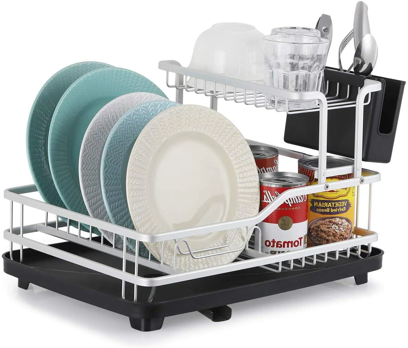 2Tier Aluminum Kitchen Steel Over Sink Dish Drying Rack w/Cutlery Holder Drainer