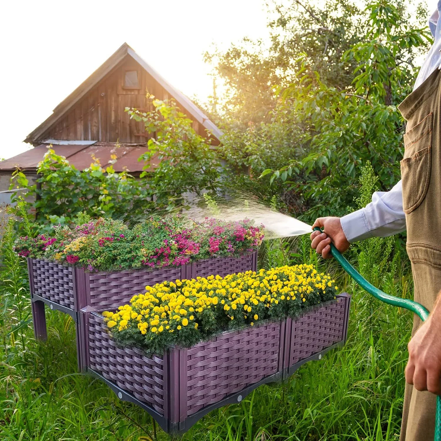 Self-Watering Garden Bed Kit - Rattan Pattern (simulated) - 15.44 - Grow stylishly with our innovative self-watering kit!