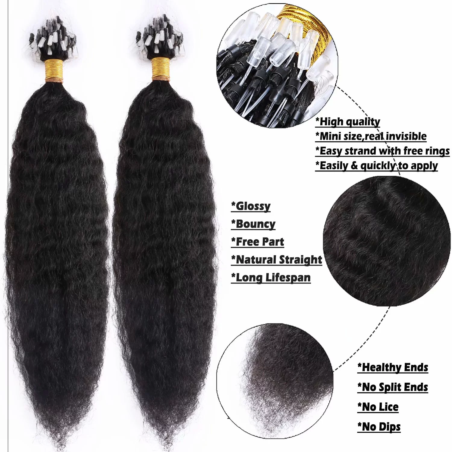 Benehair Human Hair Extensions Afro Kinny Straight Micro Loop Microlinks Remy Hair Full Head 1g Thick Black 200g