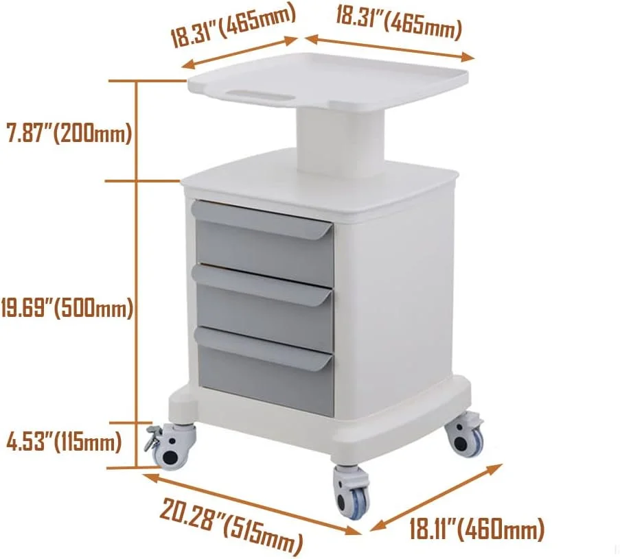 EQCOTWEA Mobile Trolley Cart Dental Cart with 3 Drawers for Ultrasound Imaging Scanner Hospital Beauty Salon
