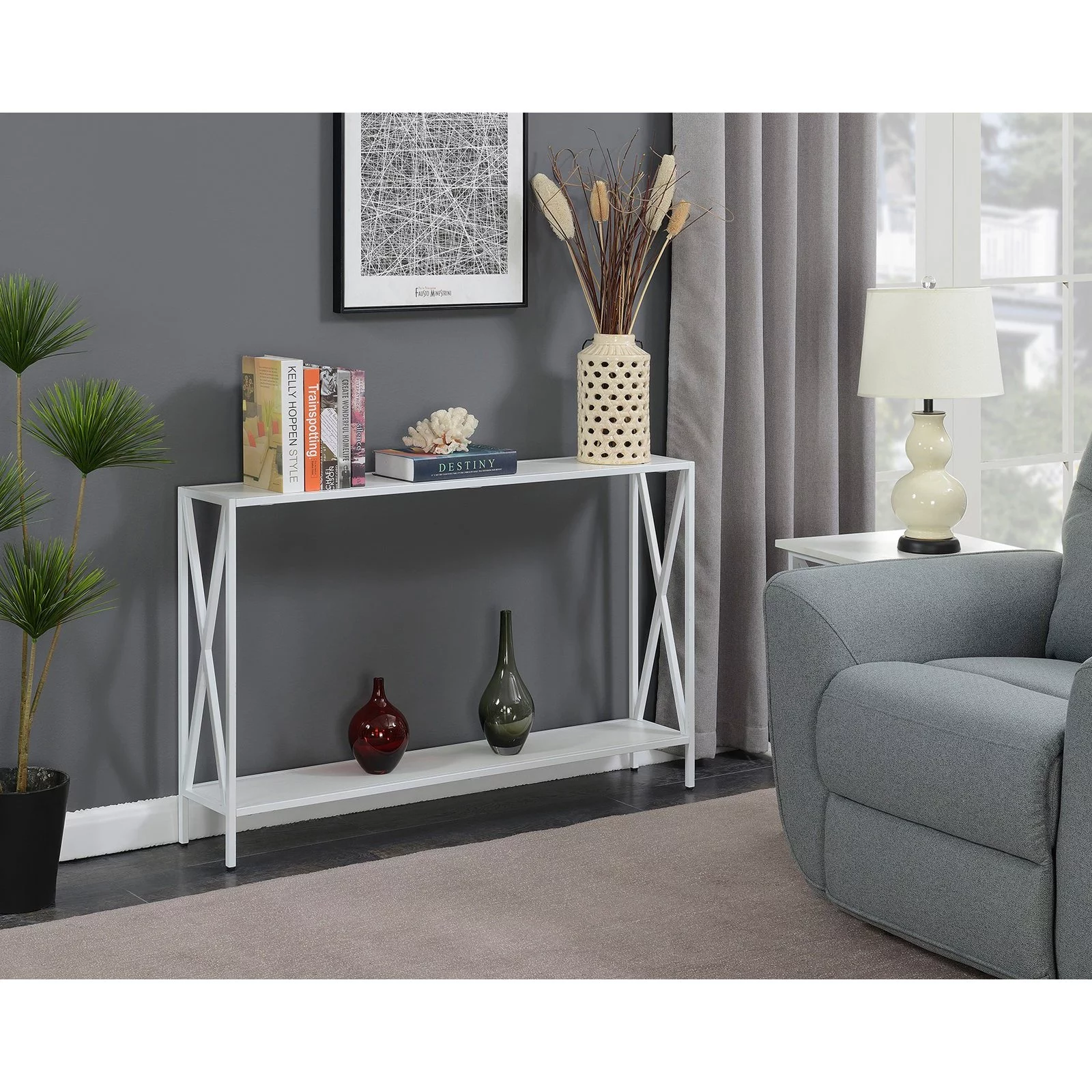 Convenience Concepts Tucson Console Table in White Wood Finish and Metal Frame