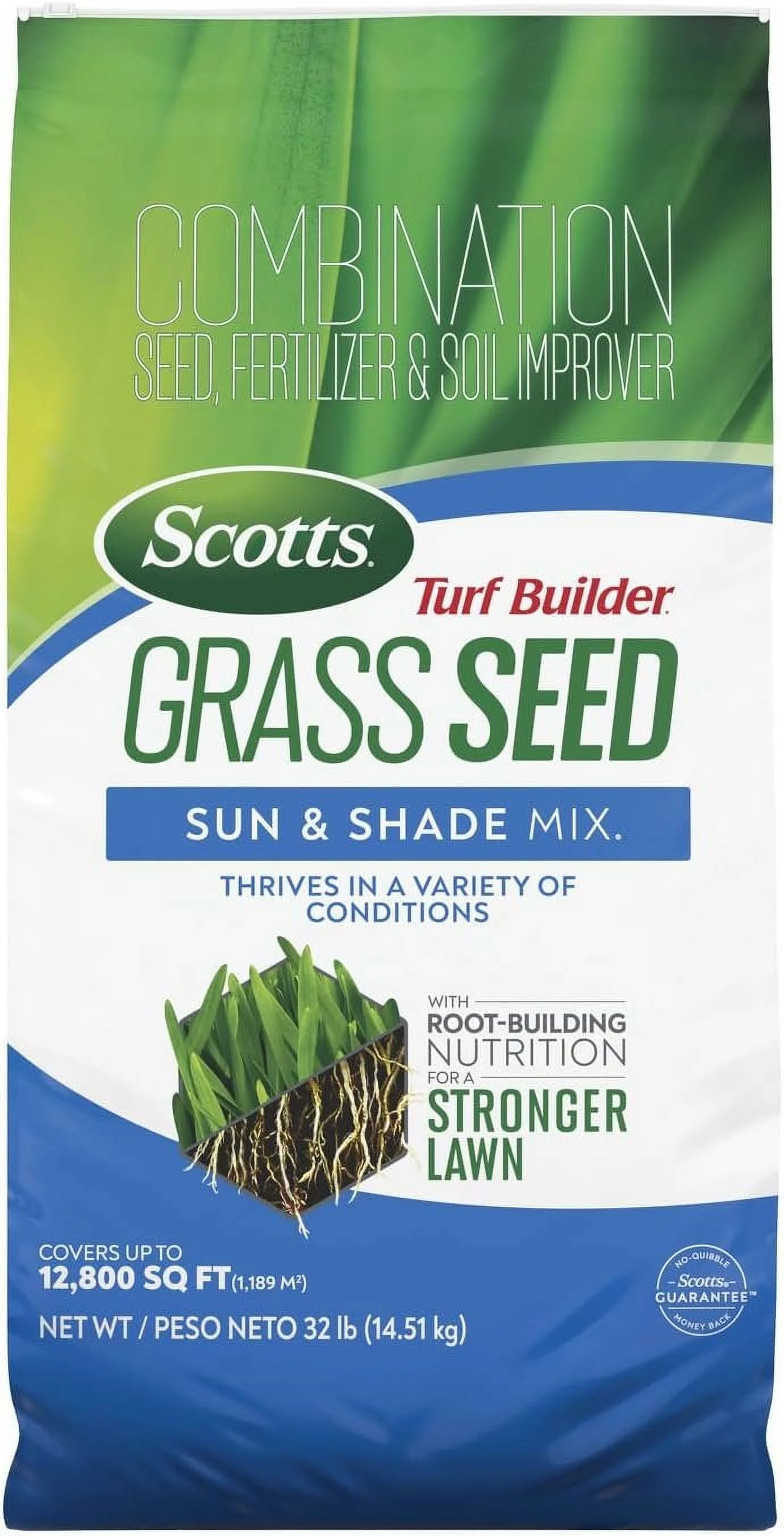 Scotts Turf Builder Grass Seed Sun & Shade Mix with Fertilizer and Soil Improver, Thrives in Many Conditions, 32 lbs.