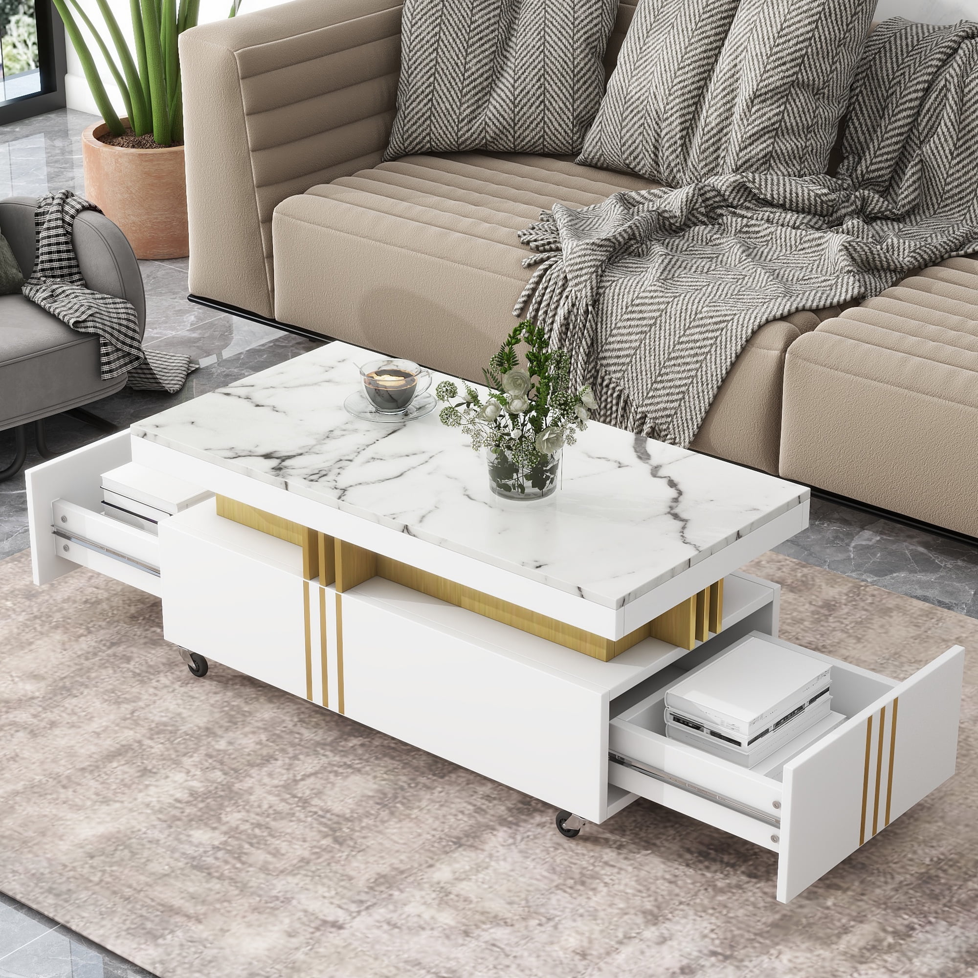 CoSoTower Contemporary Coffee Table with Faux Marble Top, Rectangle Cocktail Table with Caster Wheels, Moderate Luxury Center Table with Gold Metal Bars for Living Room, White