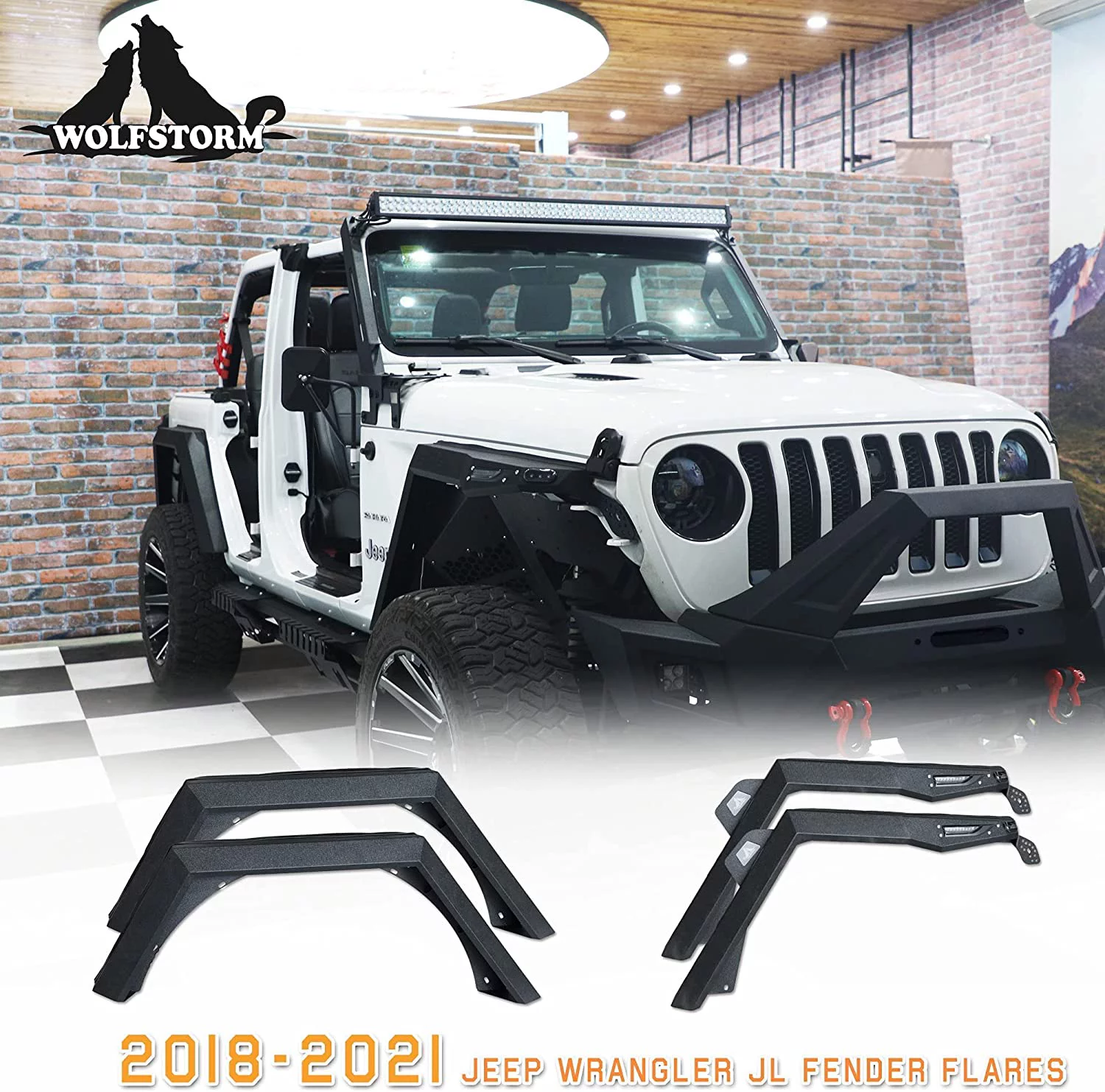 WOLFSTORM Fender Flares for 18-21 Jeep Wrangler JL JLU Front&Rear Offroad Powder Coated With LED DRL Lights and Sequential LED Turn Lights 4PCS(Front+Rear Fender Flares)