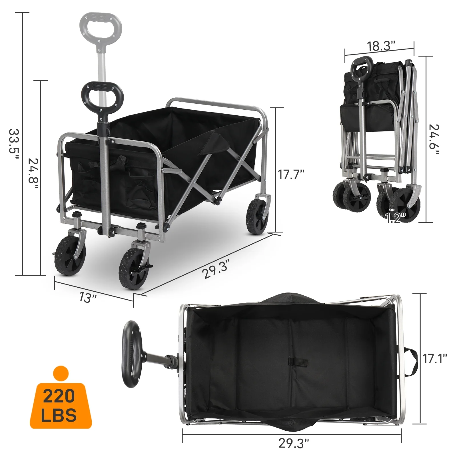 Collapsible Folding Wagon Cart,Kepeak Heavy Duty Utility Beach Wagon Cart with Wheels Foldable, 220LBS Large Capacity Foldable Grocery Wagon, Black(29.33 x 17.13 x 33.46)