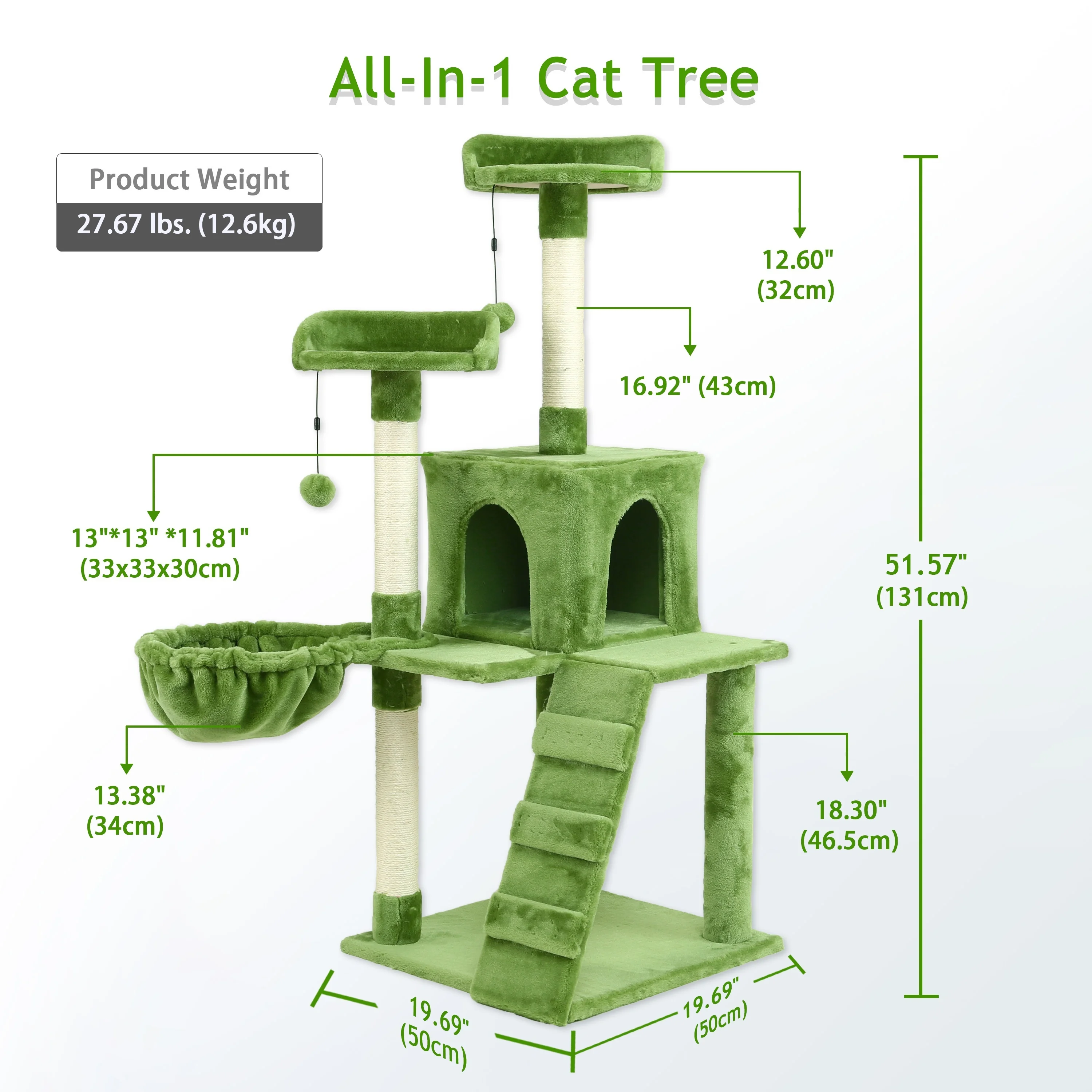 54in Green Cat Tree, Cat Tower Plush Condo Furniture, Cat Scratching Post With Natural Sisal Rope