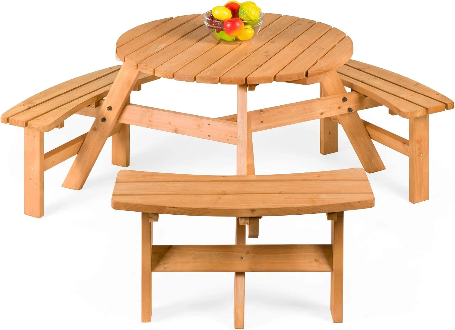 Shinpt Outdoor 6-Person Circular Wooden Picnic Table w/ 3 Built-in Benches, Patio Camping Dining Table Chair Set with Thickened support frame and 1720lb load capacity, Natural