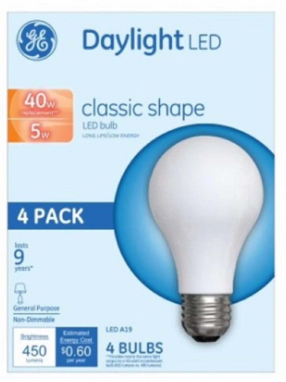 LED Light Bulbs, A19, Daylight, 5-Watt, 4-Pack (Pack of 12)
