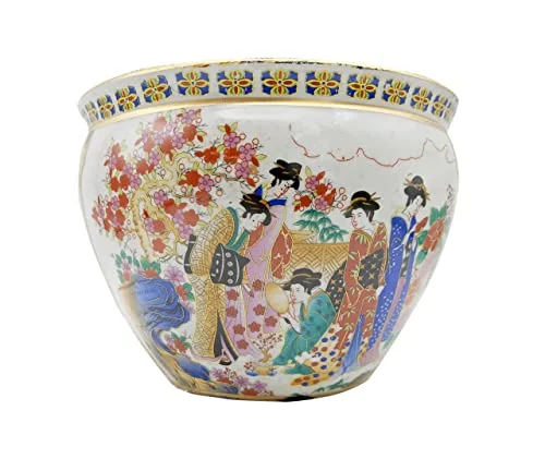 Chinese Porcelain 2 Panel Fishbowl Planters in Satsuma Geishas