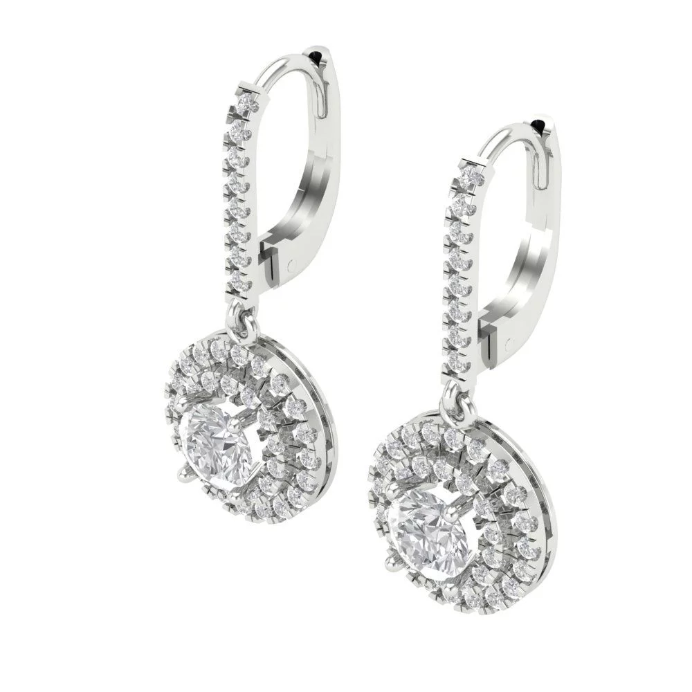 White Gold Halo Stud Earrings - 2.04 Ct Brilliant Round Cut Drop Dangle Simulated Diamond 14K, Earrings Lever Back