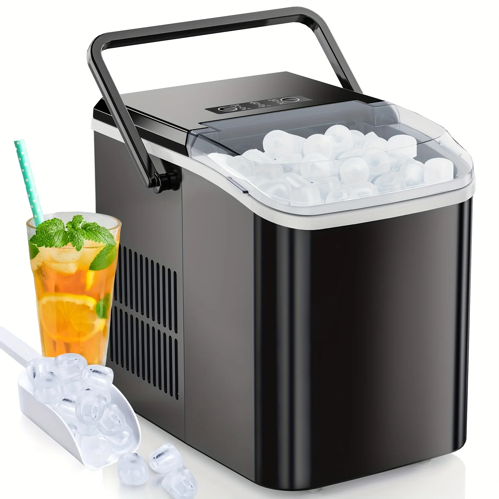 Countertop Ice Maker, Portable Ice Machine Self-Cleaning, 9 Cubes In 6 Mins, 26.5lbs/24Hrs, 2 Sizes Of Bullet Ice, With Ice Scoop, Basket And Handle, Ice Cube Maker For Home Kitchen Party, Black