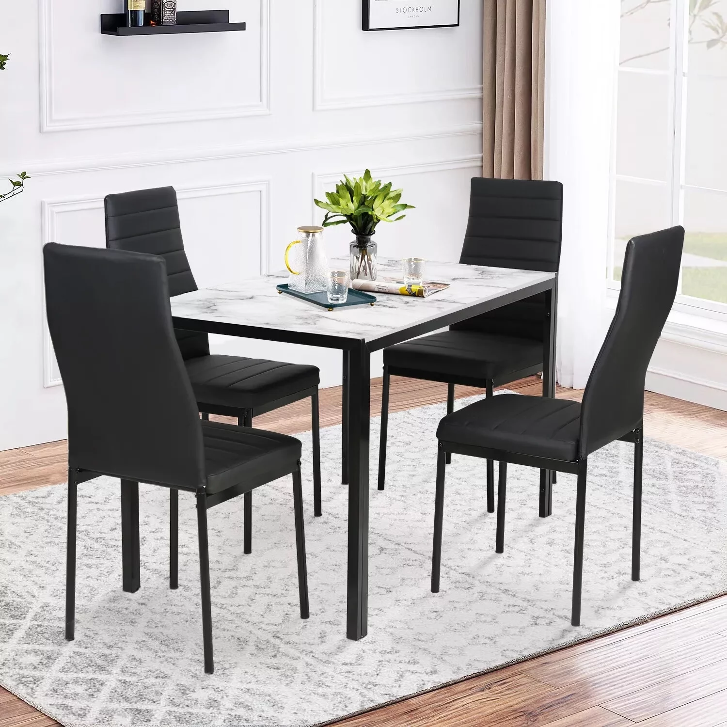 YRLLENSDAN Rectangle Kitchen Table Sets with Chairs 5 Piece, Small Dining Table Set 5 Piece White With Faux Leather Metal Chairs Dining Room Table Set for Small Spaces Kitchen