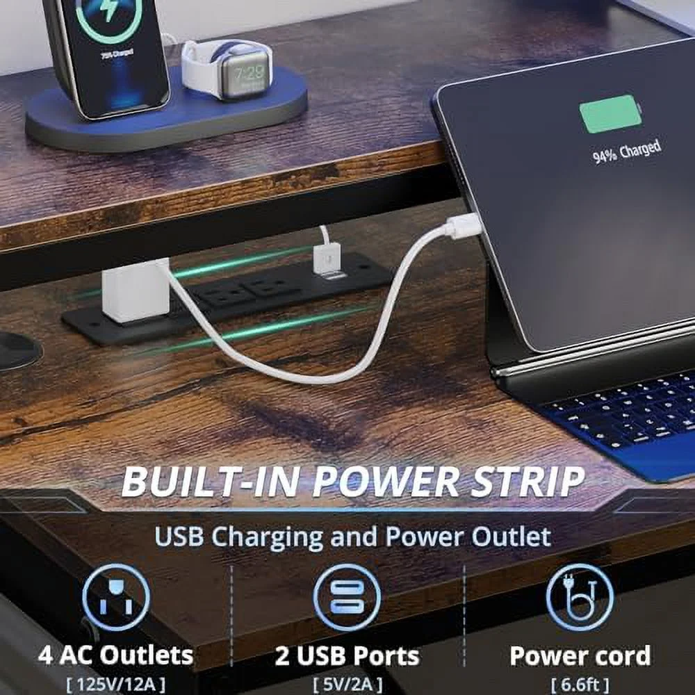 HBROLJF L Shaped Gaming Desk with Shelves  55in Reversible Home Office Desks with Power Outlet RGB Led Strip Movable File Cabinet Keyboard Tray 2 Drawers (Rustic Brown)