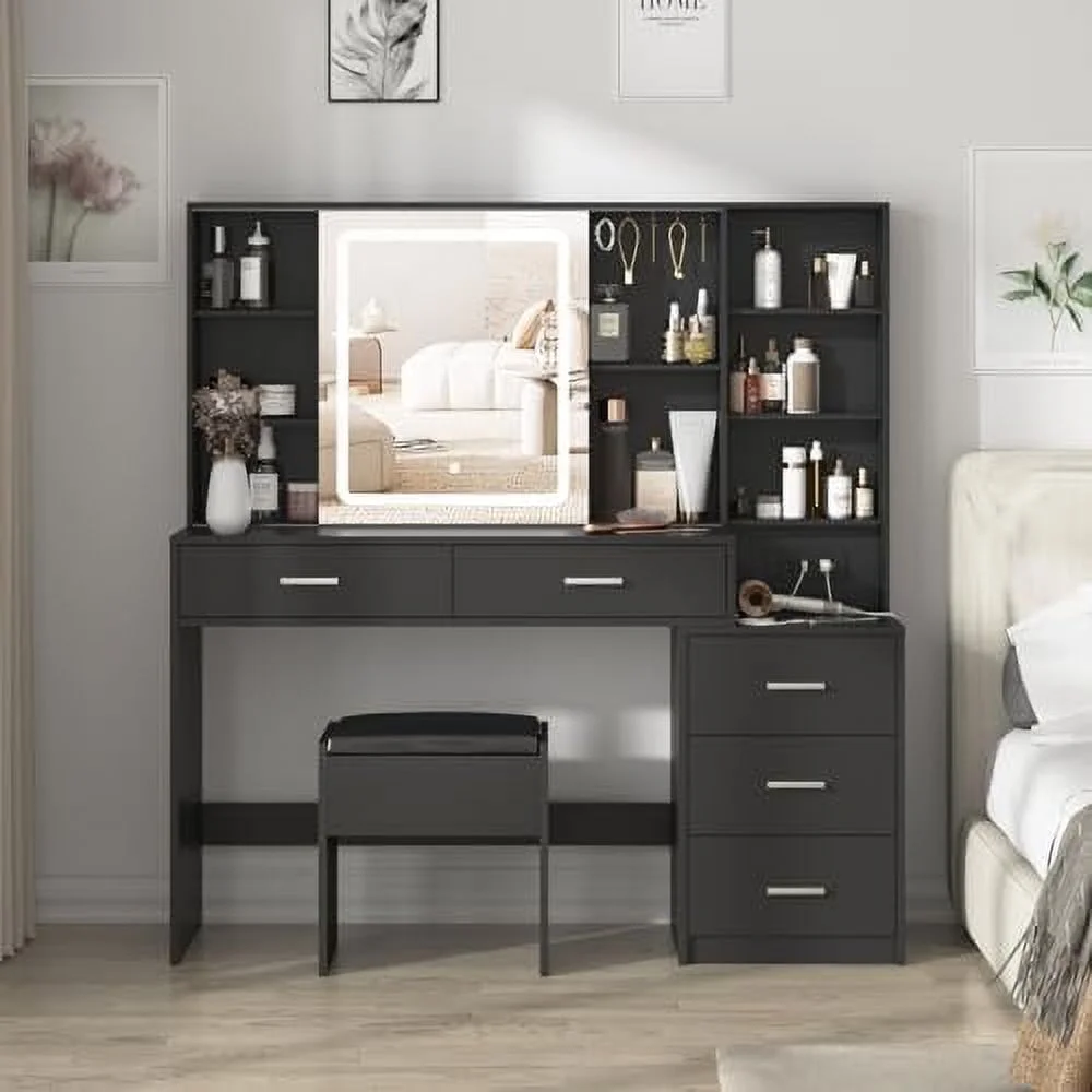xrboomlife Vanity Desk with Mirror and Lights  Black Vanity Table with 3 Color Lighting   Vanity Desk with Charging Station  5 Drawer   5 Hooks  Hidden and Open Shelves
