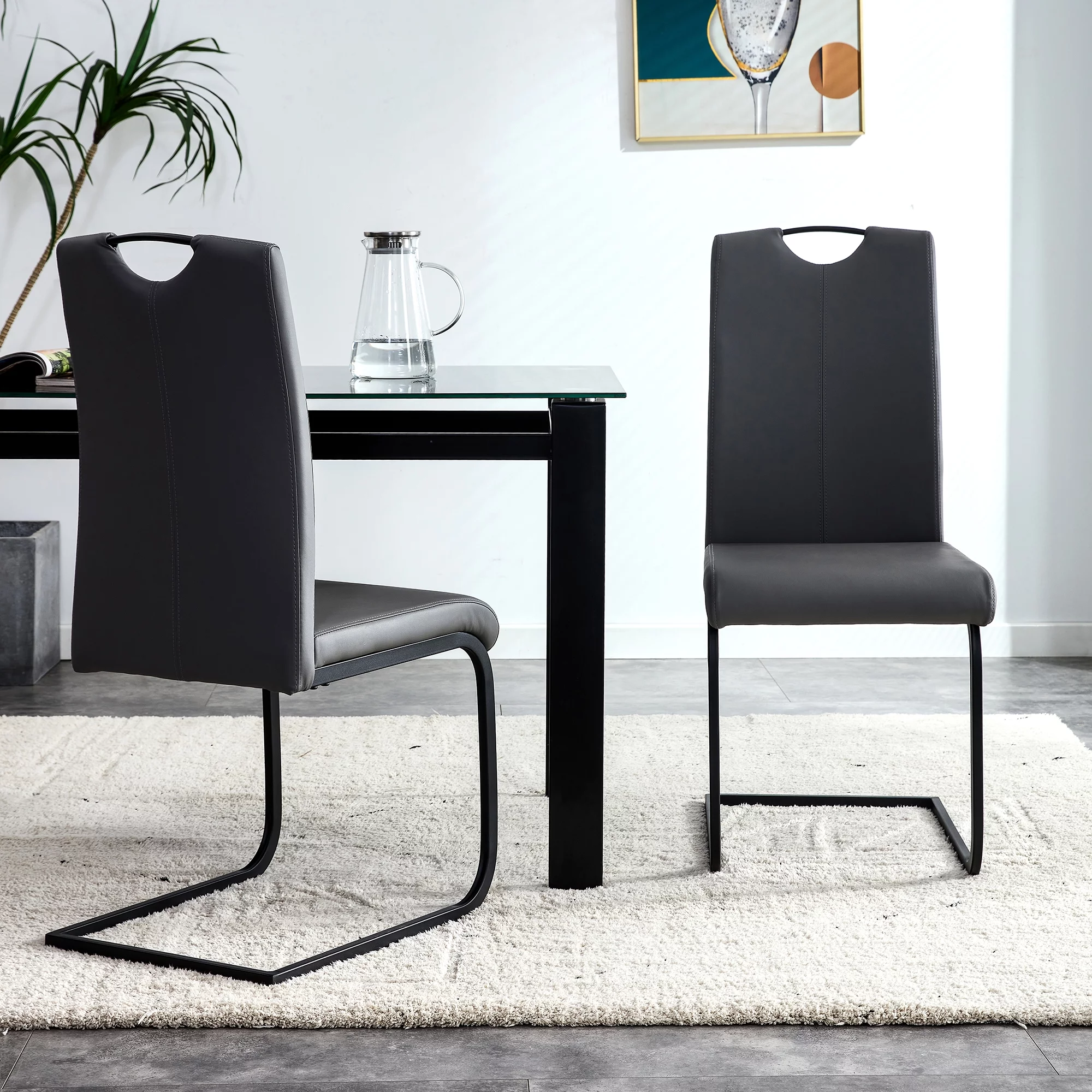 Homiyad Dining Chairs Set of 2, Black PU Chair Modern Kitchen Chair with Metal Leg