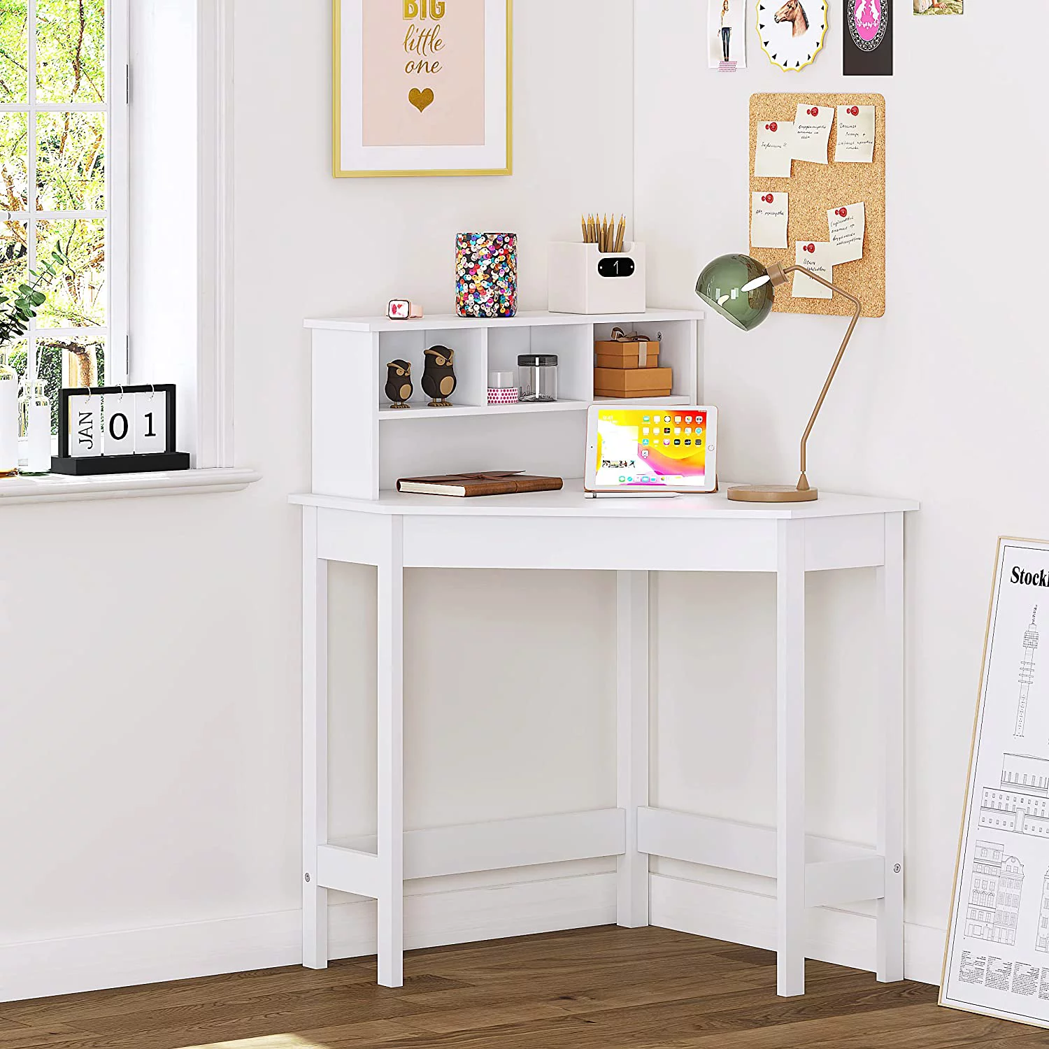 CHNJHUM Corner Desk with  and Hutch for Small Space   Corner Desk with Reversible Hutch for Girls Boys  Study Computer Desk Workstation & Writing Table for Home School Use  White