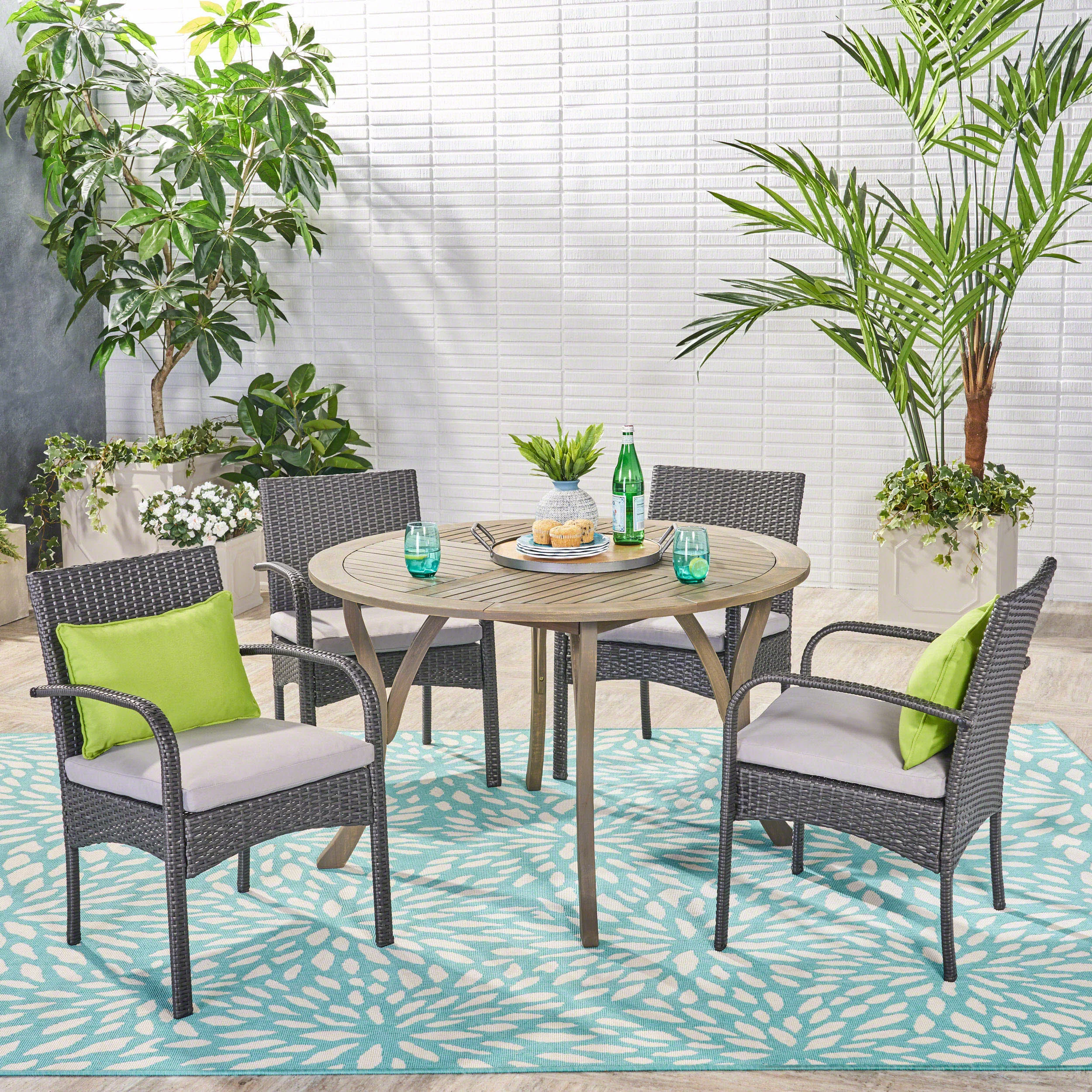 Jaden Outdoor 5 Piece Acacia Wood and Wicker Dining Set