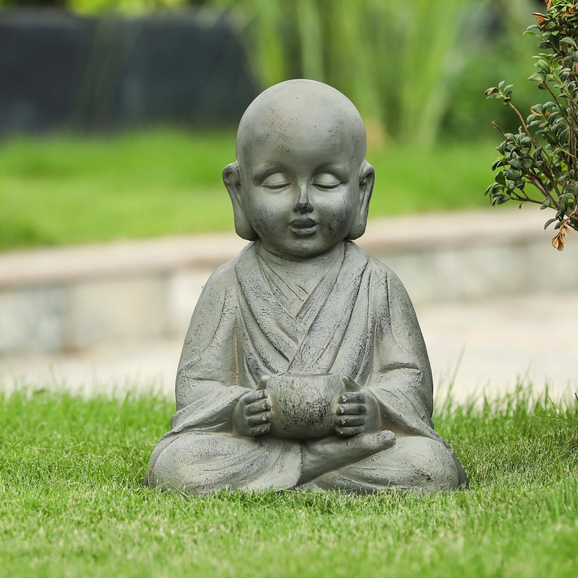 LuxenHome Gray MgO Buddha Monk and Bowl Garden Statue