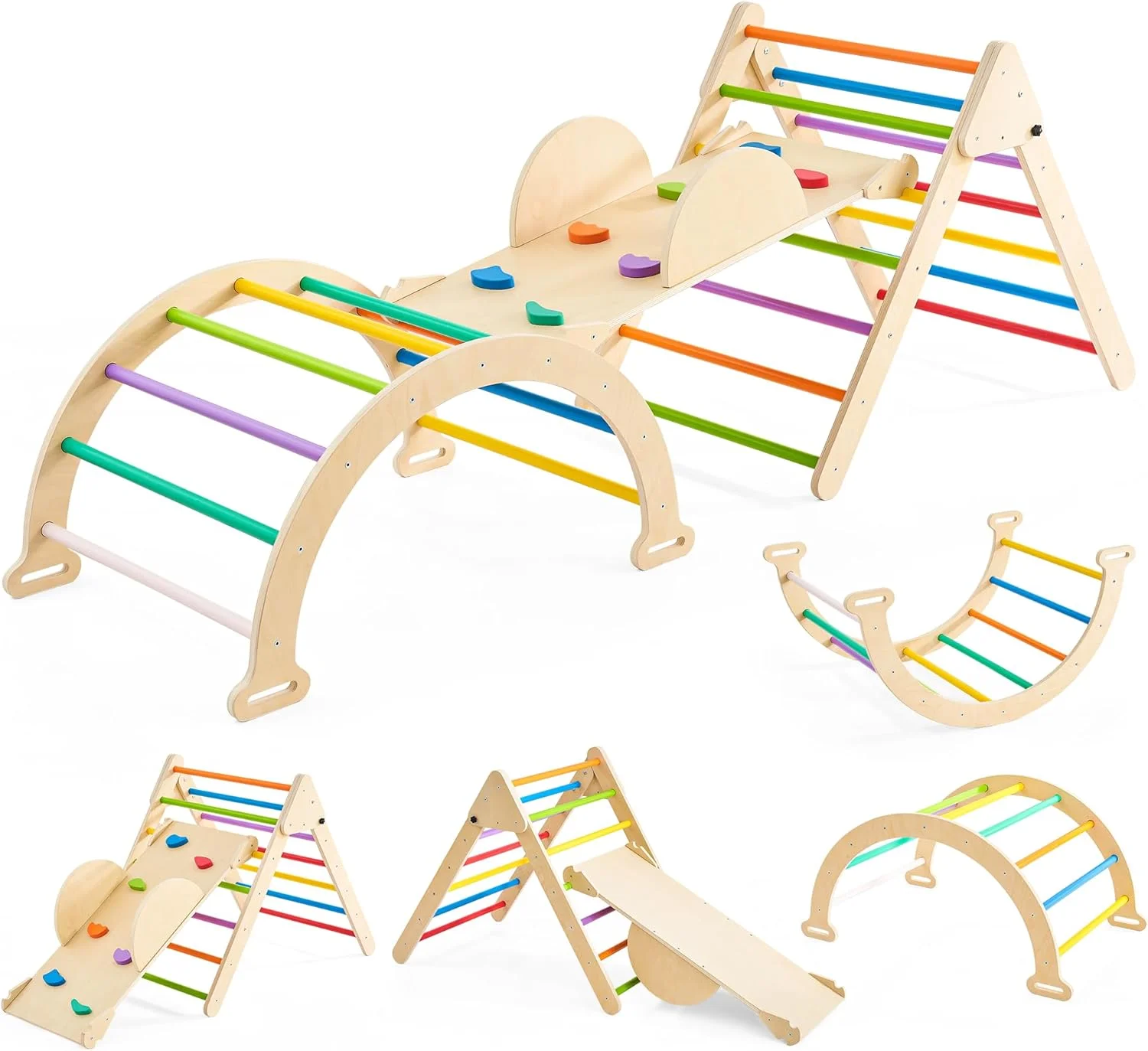 Pikler Triangle Set, 4 in 1 Wooden Toddler Climbing Toys Indoor, Indoor Playground with Ramp for Sliding or Climbing, Jungle Gyms for Toddlers 1-3 Age, Montessori Climbing Set (Rainbow-Medium)