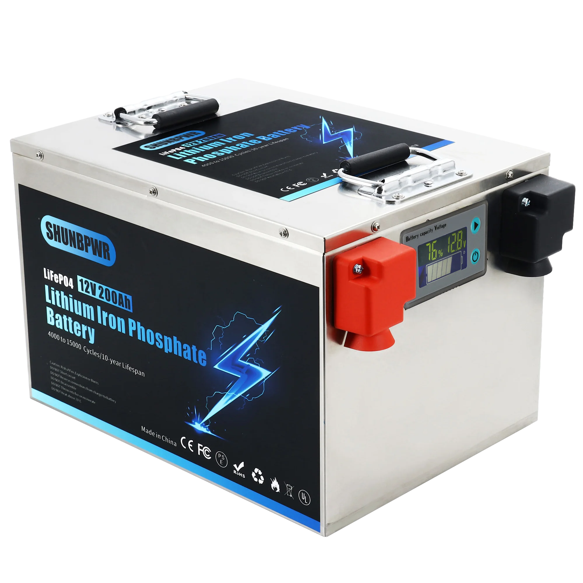 SHUNBPWR Lifepo4 12V 200Ah 2560Wh Lithium Battery Built-in 200A BMS Low Temperature Charging 15000+ Deep Cycle Battery for RV Trolling Motor Solar Golf Cart Backup power system