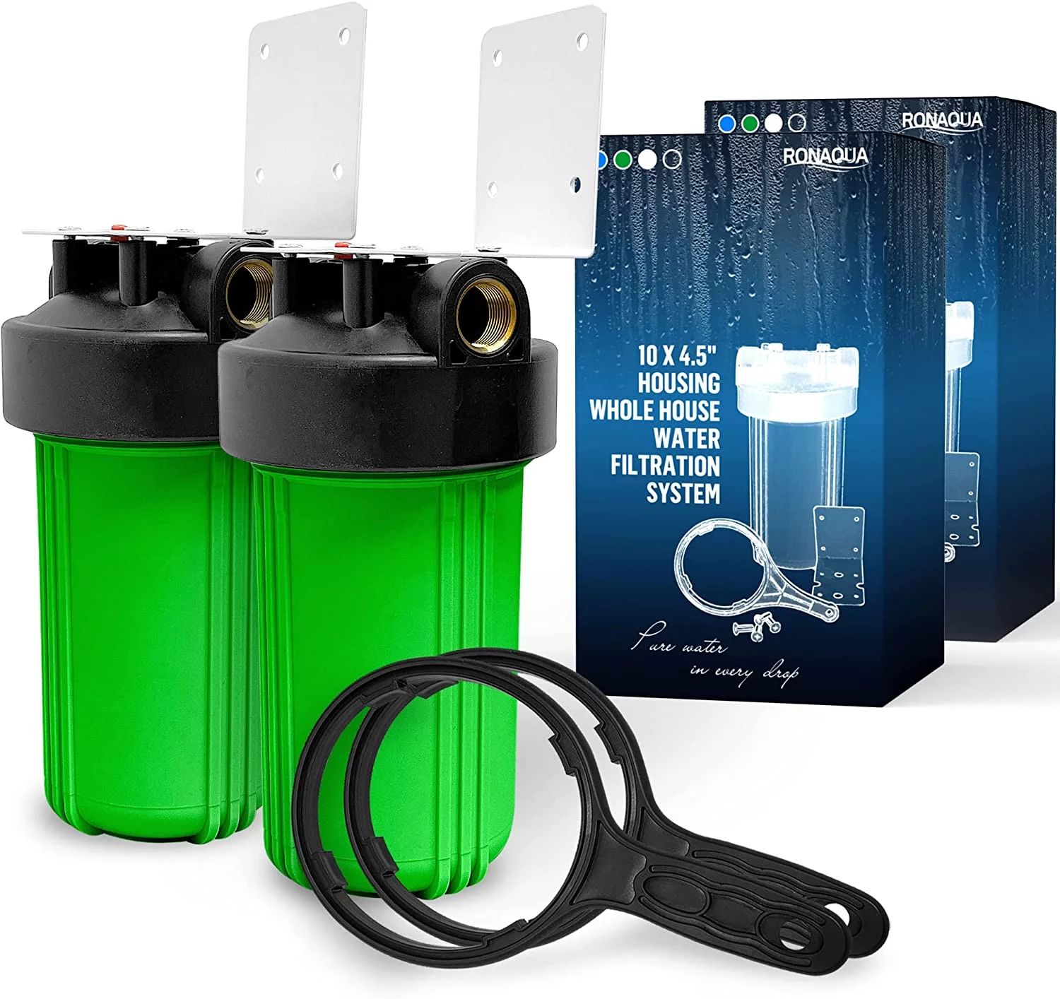 High Capacity 10 x 4.5” Whole House Filter Purifier System for Well or City Water, Presser Relief Button, 1” NPT Brass Port, Double O-ring, Meets NSF Standards & Regulations (Green, 2 Sets)