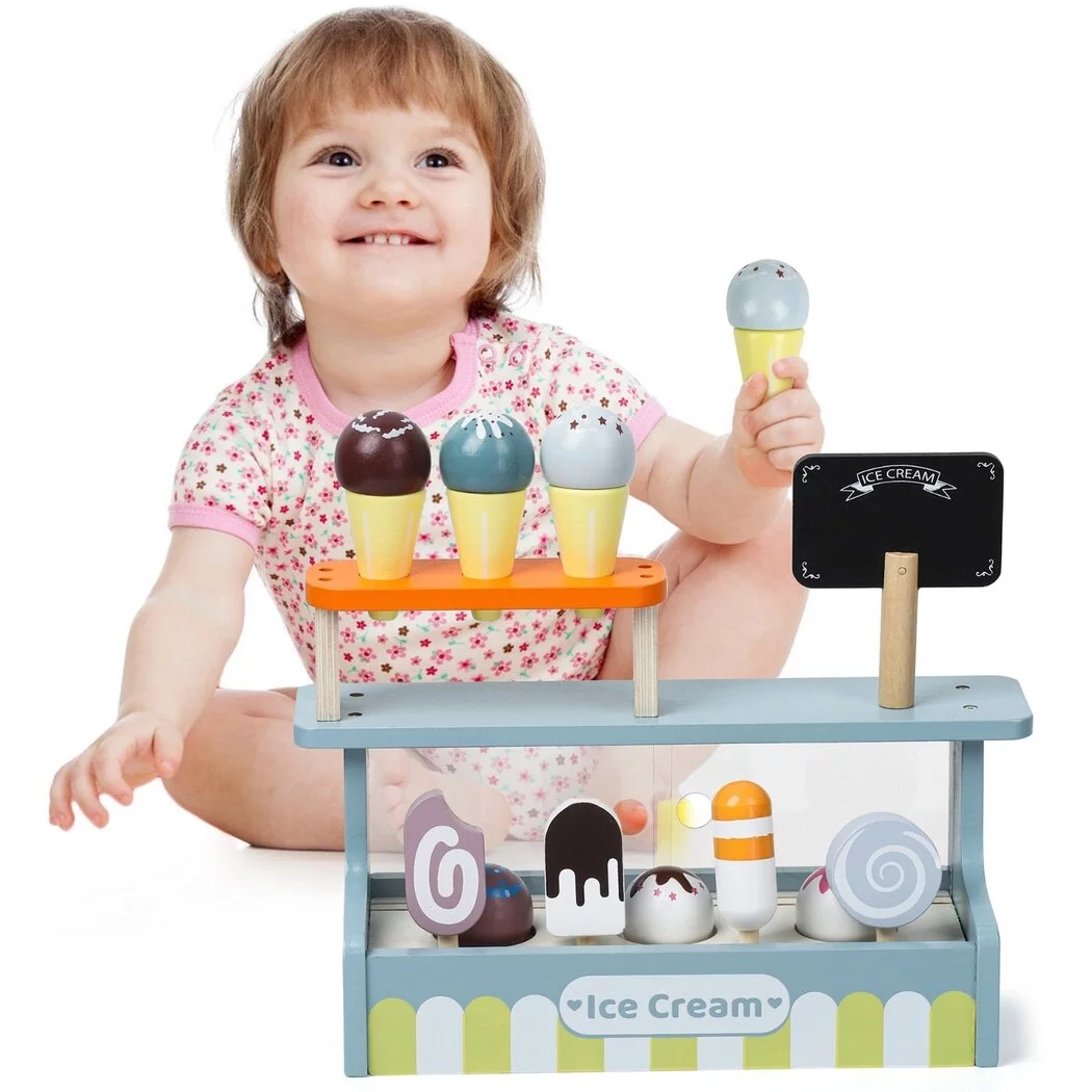 Wooden Ice Cream Toy, Ice Cream Store Playset, Pretend Play Ice Cream Counter Toy with 6 Ice Cream Balls, Play Kitchen Accessories for Toddlers Kids Girls Boys Ages 3+