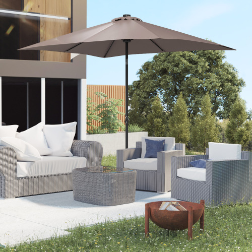 Buumin Outsunny 9' x 7' Solar Umbrella, LED Lighted Patio Umbrella for Table or Base with Tilt & Crank, Outdoor Umbrella for Garden, Deck, Backyard, Pool, Beach, Tan