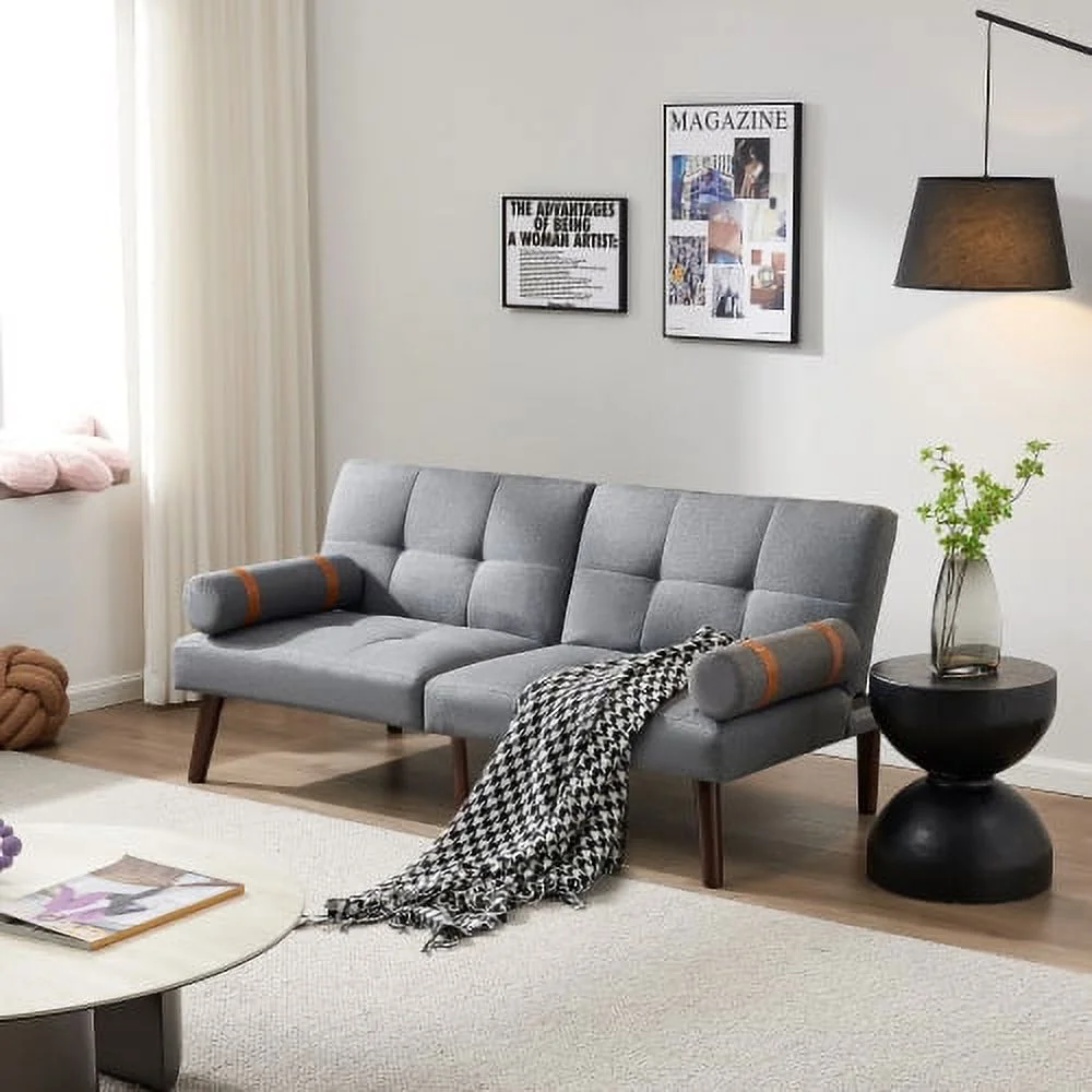 ZJbiubiuHome Convertible Sofa Bed Futon with Solid Wood Legs Linen Fabric Grey