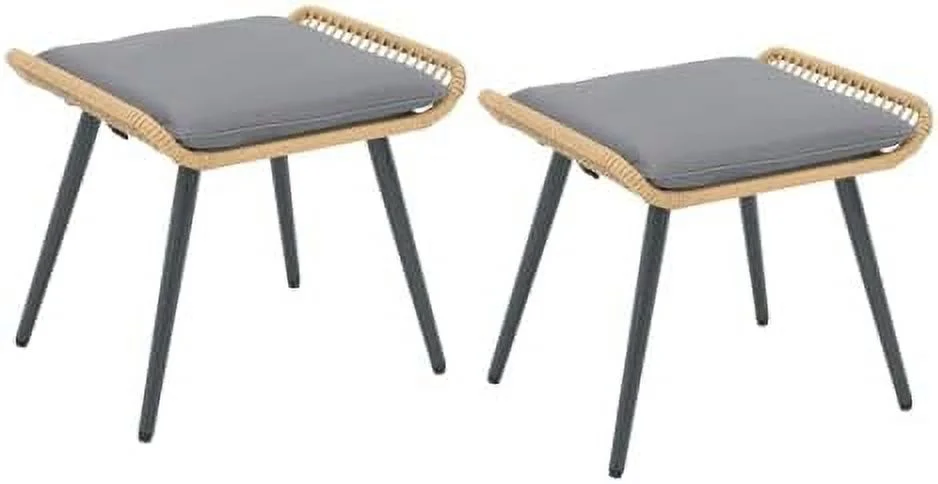 Outdoor Wicker Ottoman Set of 2  Patio Rattan Ottomans with Seat Cushions  2 Pieces Footstool Footrest Seat for Outside Garden  Balcony  Living Room  White