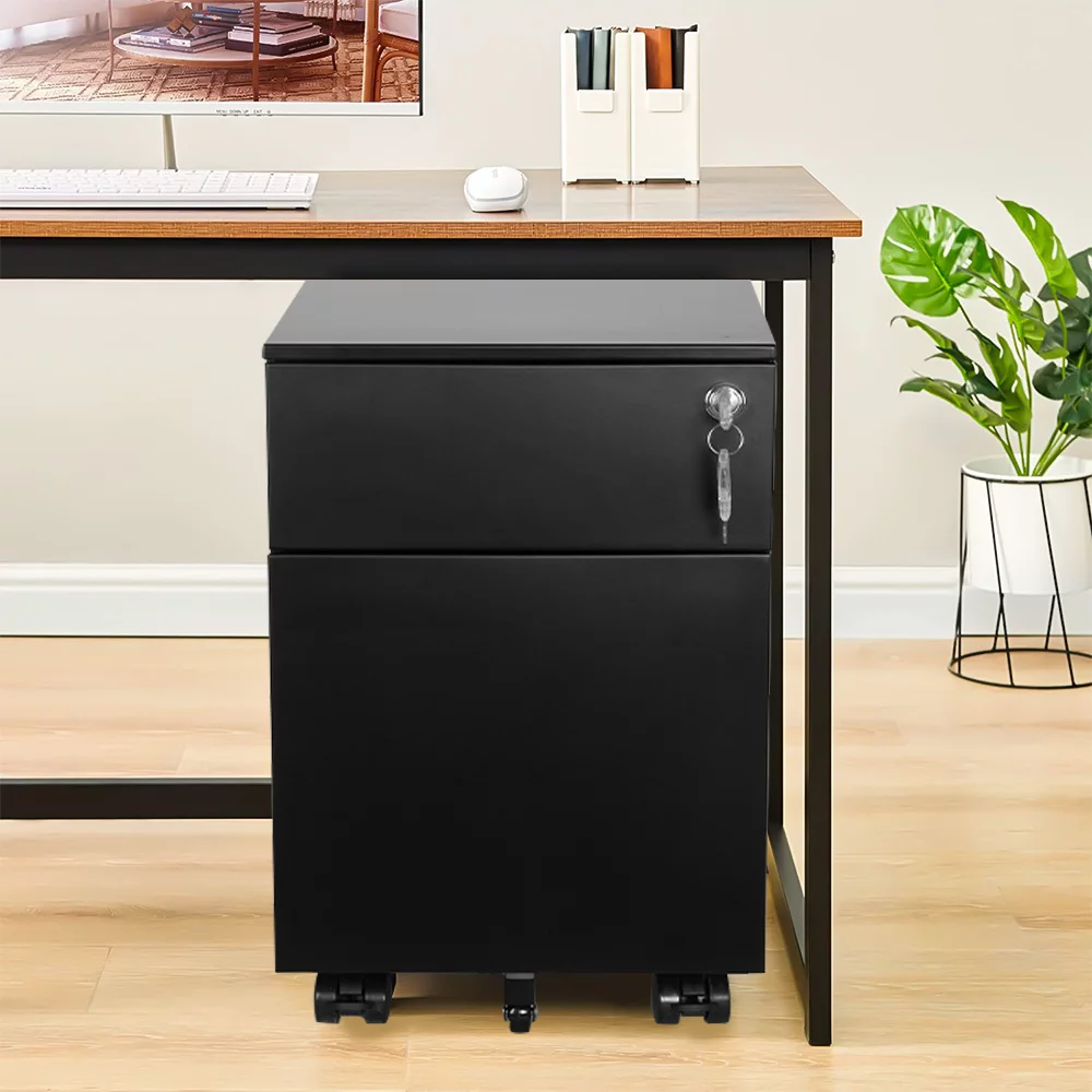 LANTRO JS 2 Drawer Mobile File Cabinet with Lock Metal Filing Cabinet for Legal, Letter, A4, F4 Size, Fully Assembled Include Wheels, Home, Office Design, BLACK