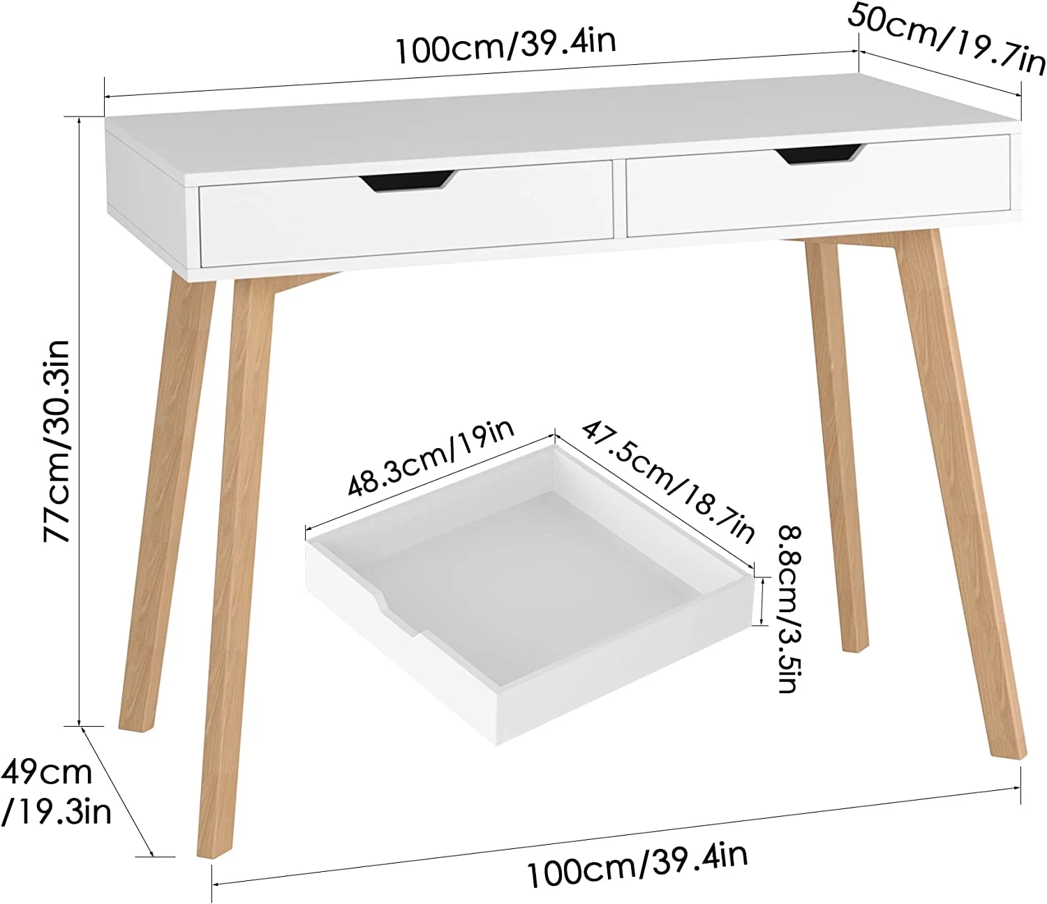 White Computer Writing Desk with 2 Drawers, Modern Home Office Desk with 4 Oak Legs, Small Makeup Vanity Table Desk Console Study Table