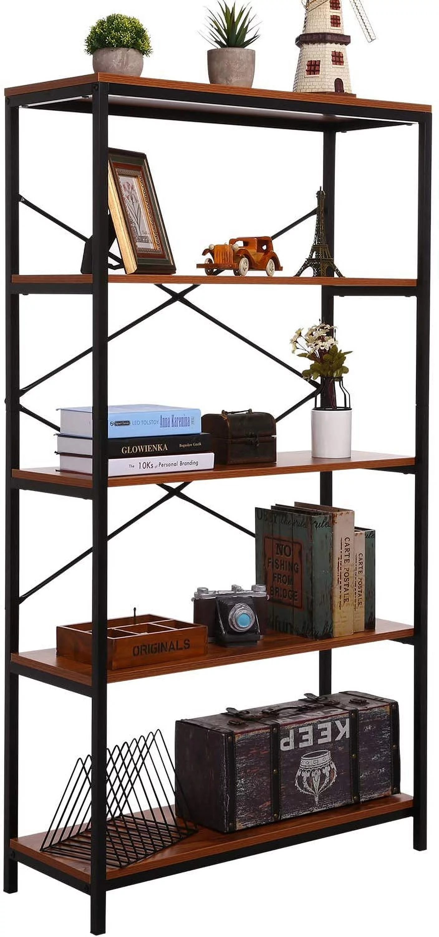 Bookshelf, 5-Tier Industrial Bookshelves, Wood and Metal Bookcase, Free Standing Storage Vintage Bookshelf for Living Room, Bedroom and Home Office, Rustic Brown