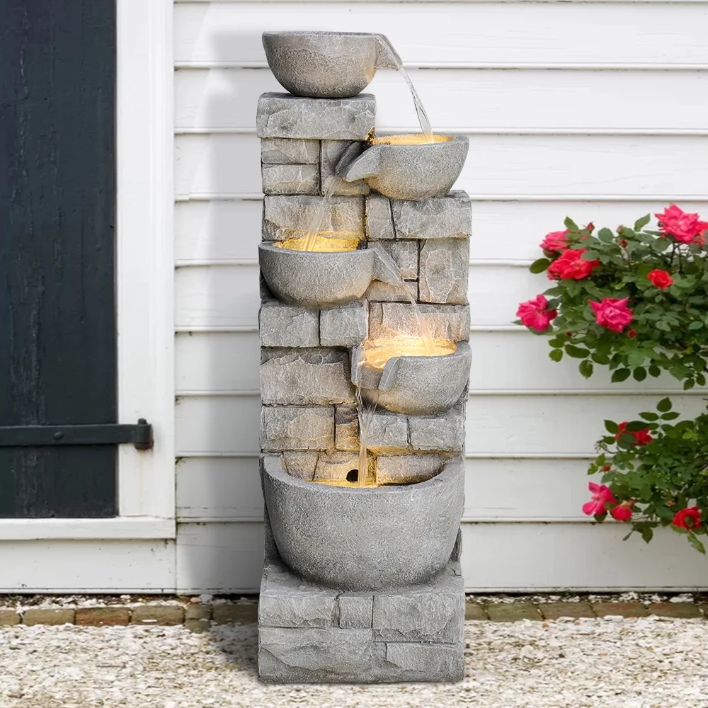 5 Tiered Bowls Outdoor Water Fountain with LED Lights - 39.3