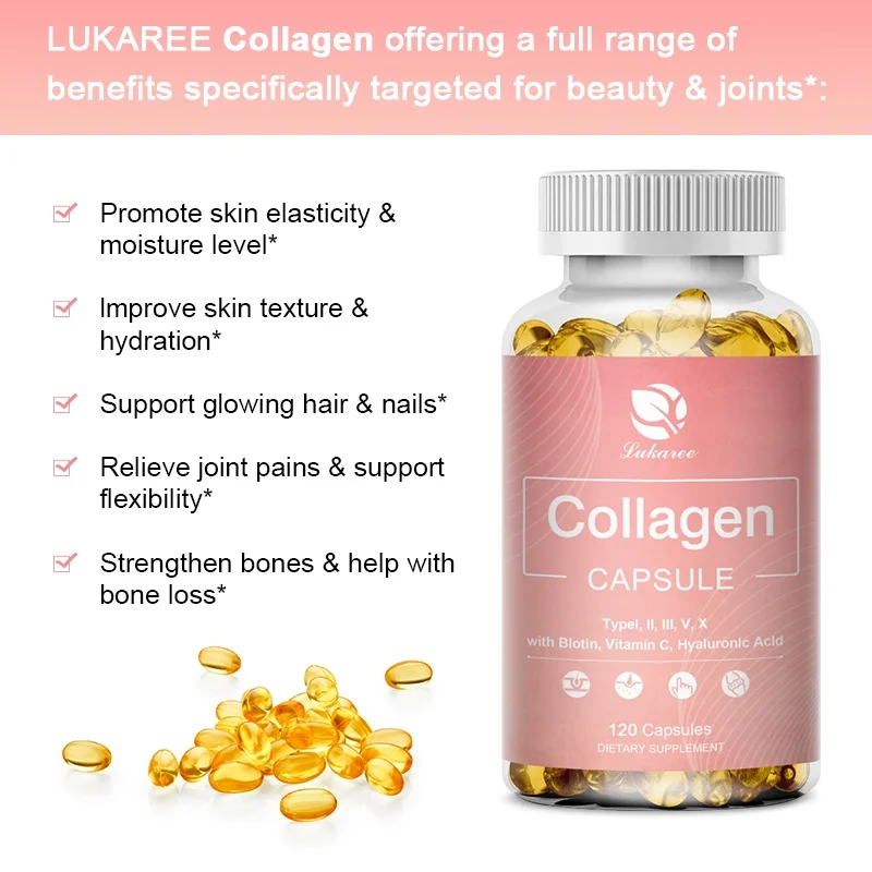 120 Capsules Vitamins Collagen for Women & Men - Type I, II, III, V, X Multi Collagen Supplement - Grass Fed, Non-GMO