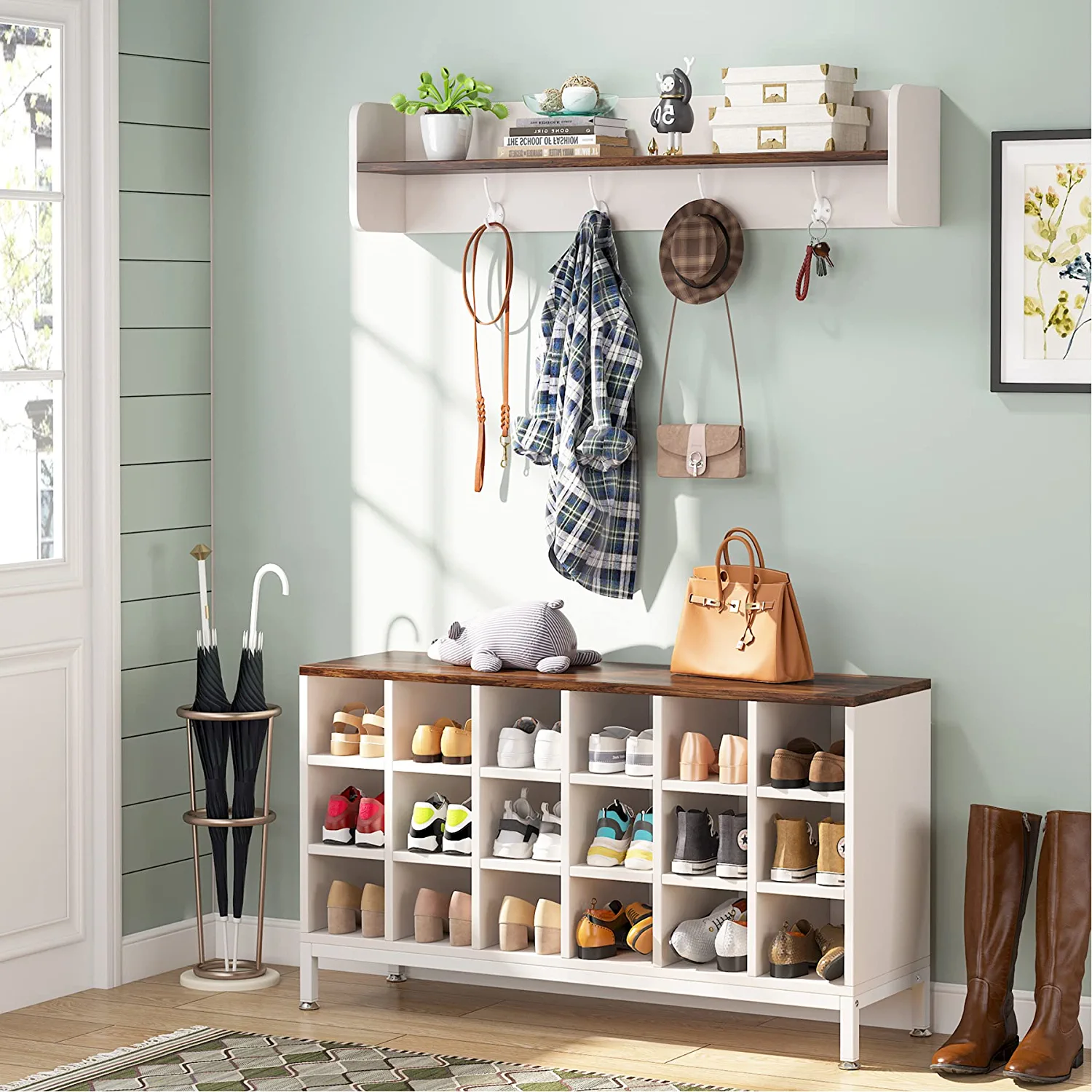 Tribesigns Coat Rack Shoe Bench Set, Hall Tree with Bench and 18 Shoe Cubbies, Shoe Rack Bench with Coat Hooks and Storage Shelf for Entryway, Bedroom, Closet(White & Brown)