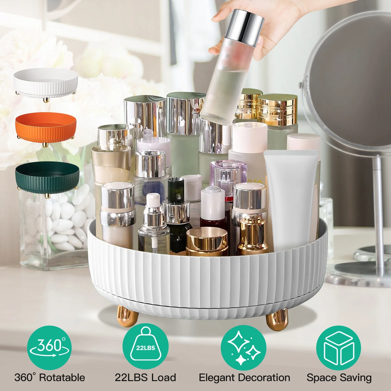 iMounTEK 360° Rotating Makeup Organizer Perfume Cosmetic Storage Tray 22LBS Load for Lotion Lipstick, White