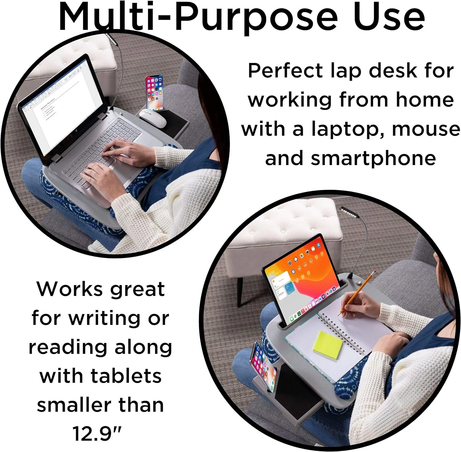 Deluxe Lap Desk With Pillow Cushion And Wrist Rest | USB Light And Mouse Pad | Fits Laptops Up To 15