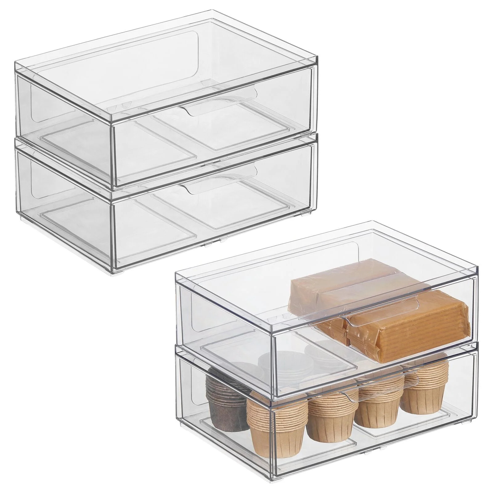 mDesign Plastic Wide Stackable Kitchen Storage Organizer, 4 Pack, Drawer, Clear