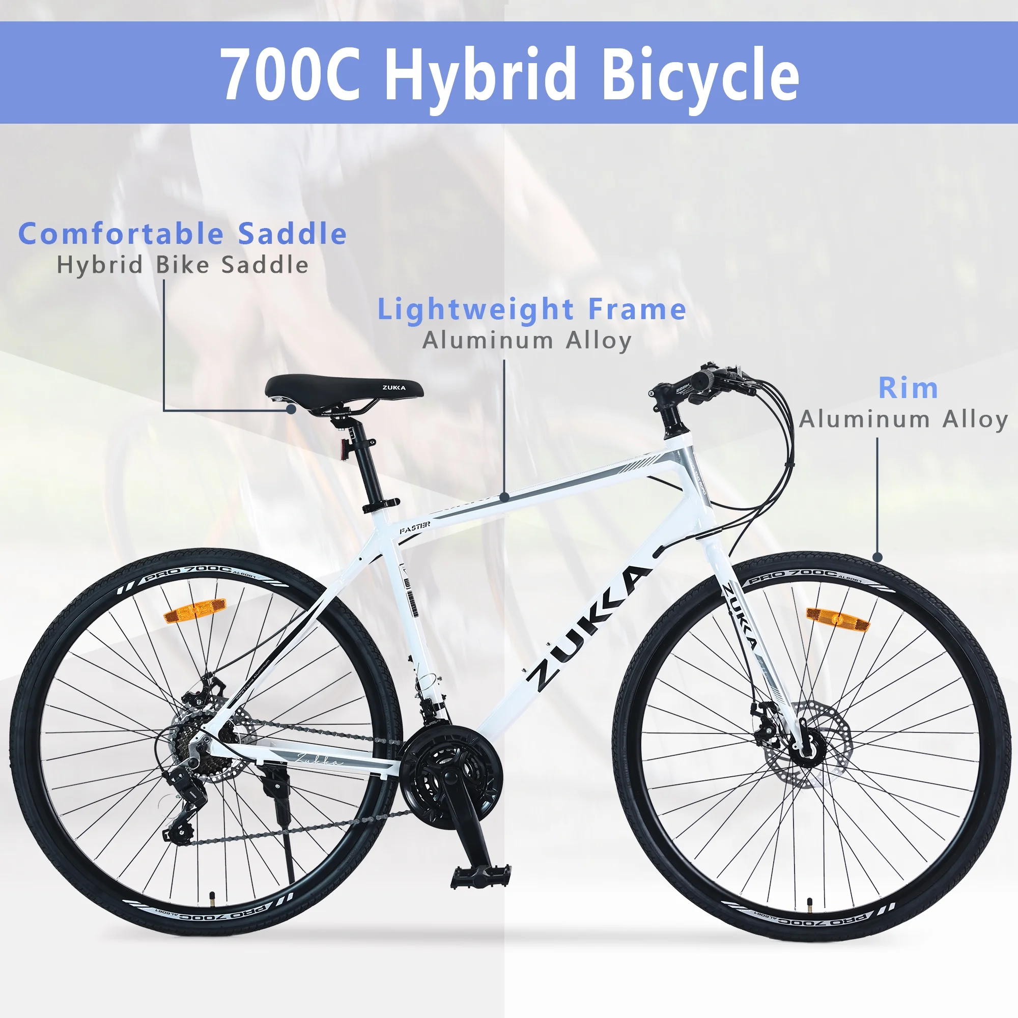 700C Road Bike, 21 Speed Hybrid Bike with Disc Brake for Men Women's City Bicycle, White