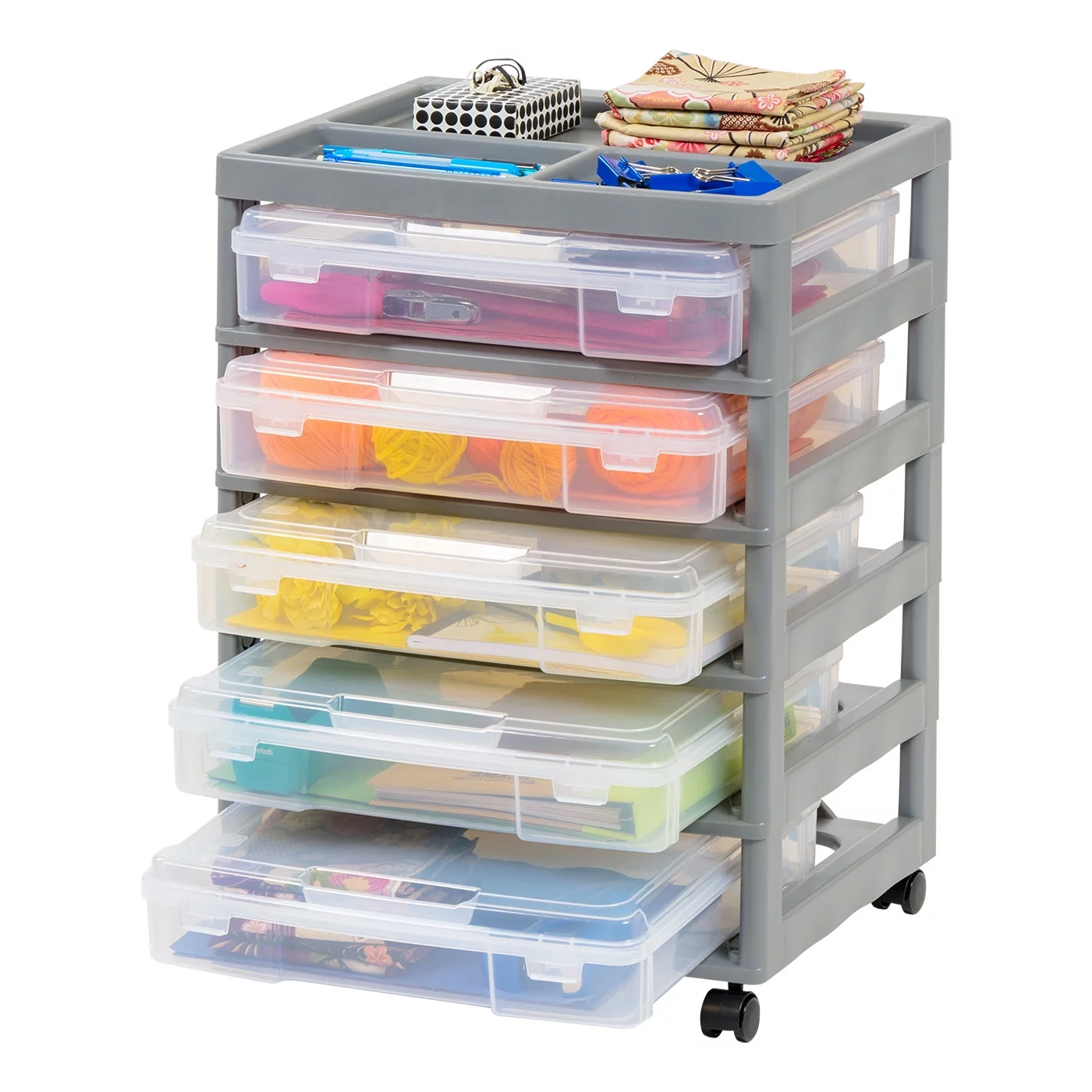 IRIS USA, 5-Case Craft Storage Cart with Organizer Top and wheels for Scrapbooking, Gray