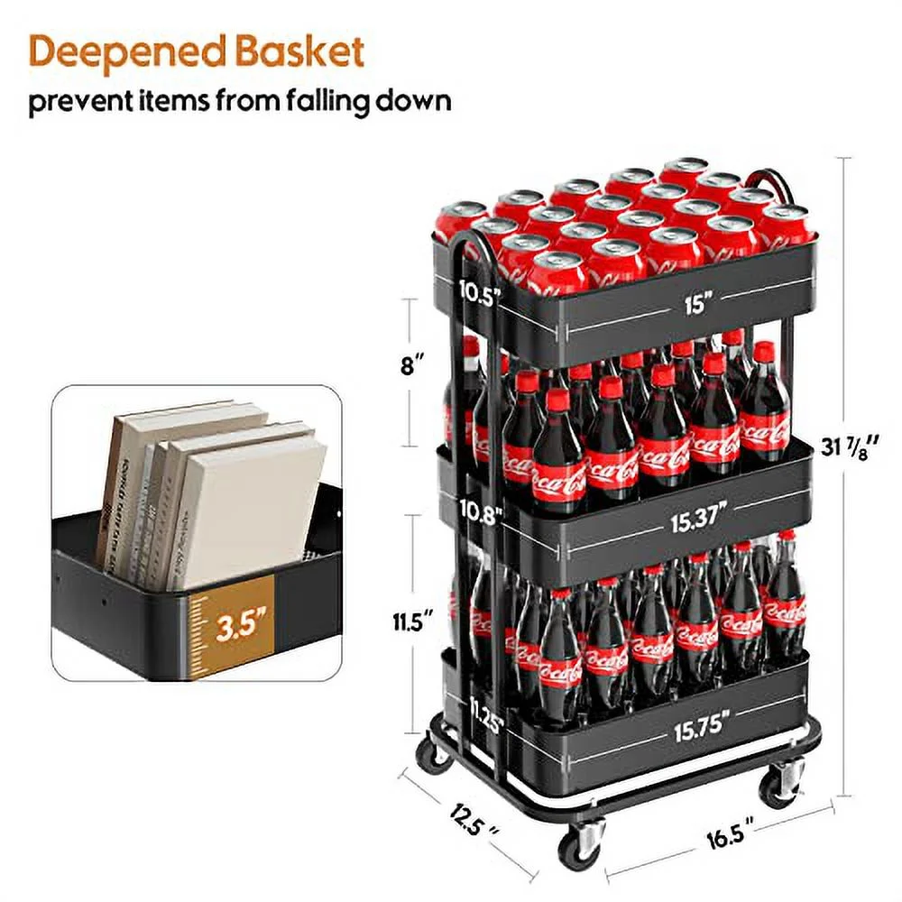 Ceayell 3-Tier Metal Rolling Storage Cart Heavy Duty Utility Cart Organizer with Lockable Wheels Black