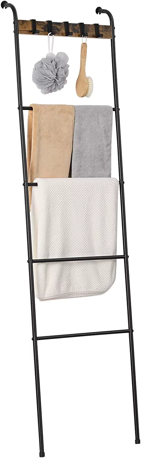 Oumilen 5 Tier 64.5 in. Farmhouse Wall Mounted Blanket Ladder Rack with 5 Hanging Hooks (LT-BFE182-141)