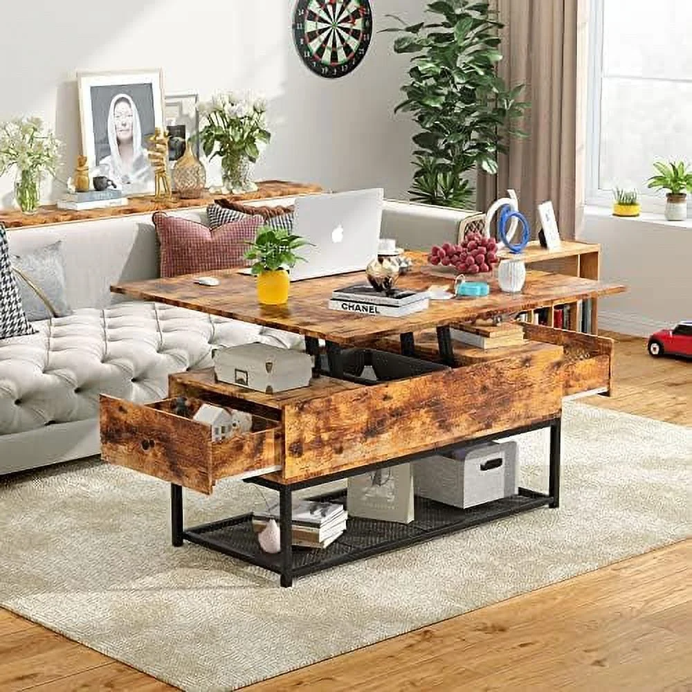 TJUNBOLIFE Lift Top Coffee Table   with 2  Drawer and Hidden Compartment for Living Room (Rustic Brown)